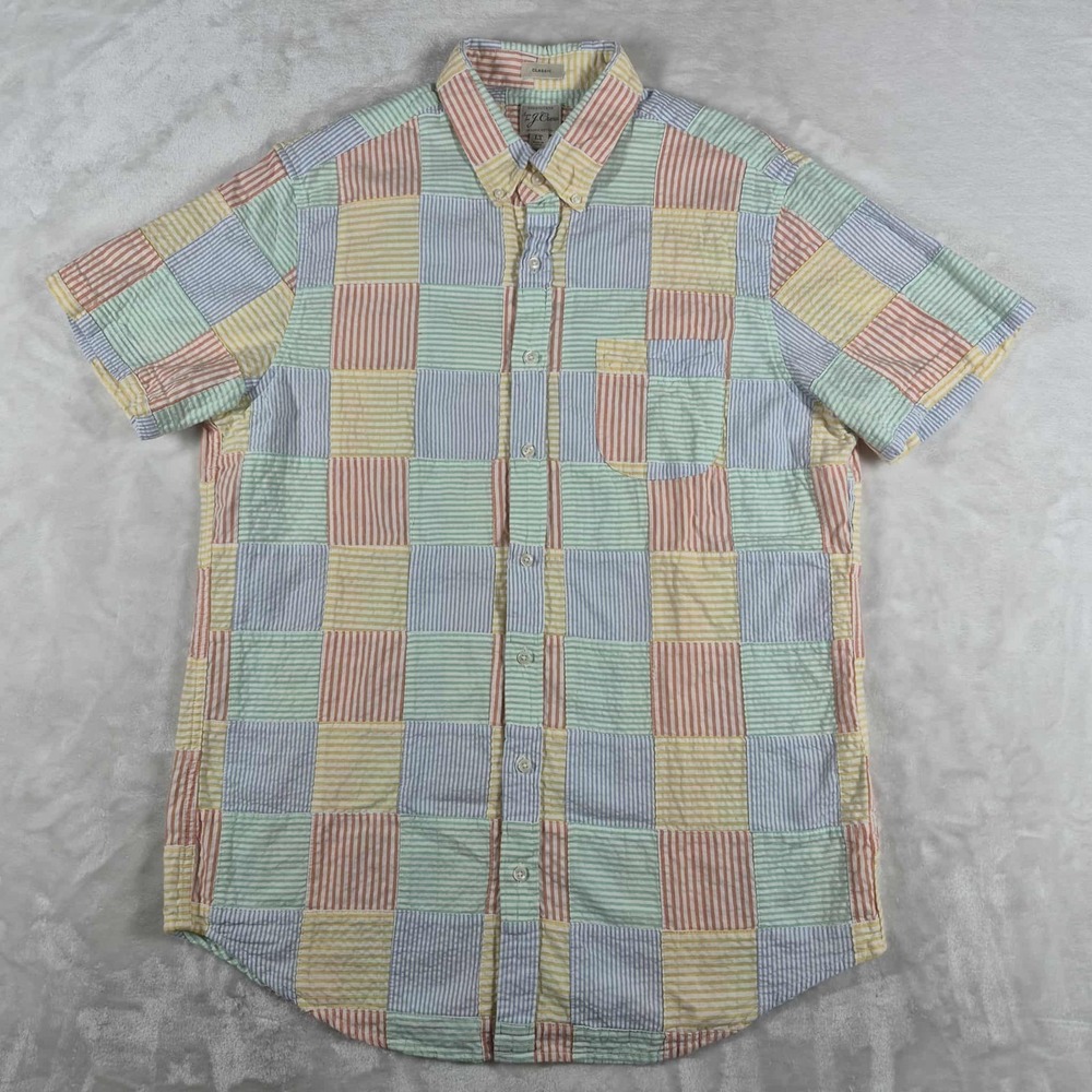 J. Crew Seersucker Shirt Men's Large Tall LT Classic Patch Work Short Sleeve - Picture 1 of 7